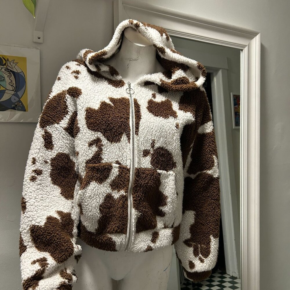 Fuzzy Brown Cow Print Zip- Up
